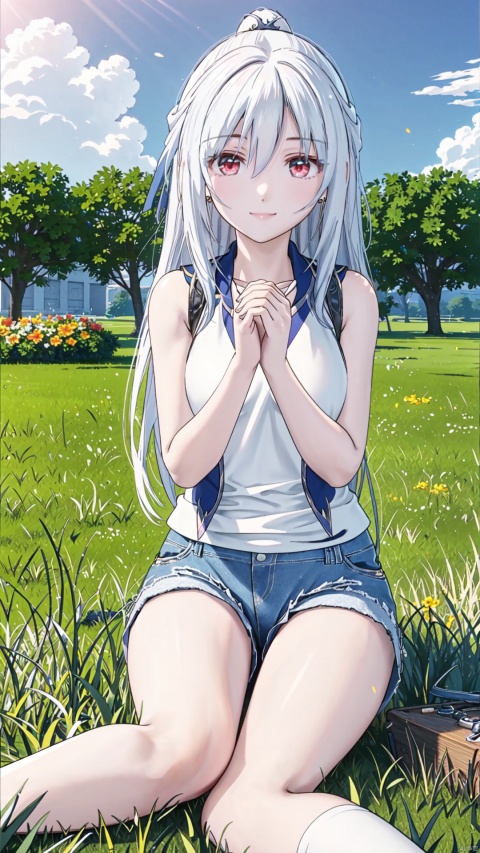  Masterpiece,CG,best,masterpiece,high definition display,1girl, Highest quality,HD quality,8k,3D rendering,Live-action painting style,Masterpieces

Beautiful long white hair,White and red eyes with frost
Anime, jingliu,
(Wearing white stockings:1.0),
Bright Sunshine,Standing on a pile of gravel,A Clear Sky,(A happy smile:1.2),
(Wearing denim shorts:1.0),(Wearing a white vest:1.0)

(sit on the grass:1.2),(Place your hands in front of you:1.2)