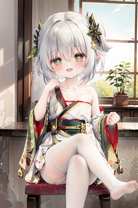  best quality,1girl, solo,(((hanfu,hanfu dress,Collarbone,Microparix))),smug,open mouth,Hand to mouth,no shoes, sitting, eyes, ascot, smile,looking at viewer,blush, fang,hair between eyes, chair, crossed legs, bangs,ribbon, soles, eyes visible through hair, foot focus, backlight, amazing quality, best quality, amazing quality,very aesthetic, amazing quality,streetwardrambler, white pantyhose,
nahida genshin impact