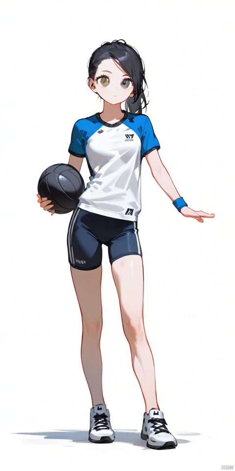 score_9,score_8_up,score_7_up,1 girl, sporty girl, single ponytail, solo, (18yo), energetic, big eyes, short sleeves, sports shorts, sneakers, full body, white background, simple, bright, best quality,masterpiece