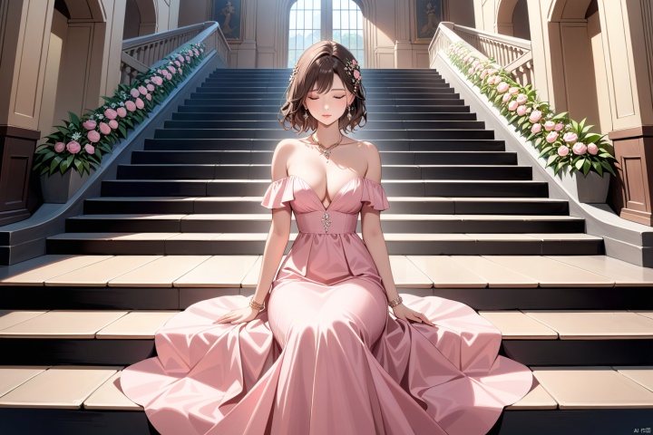  1girl, solo, breasts, brown hair, black hair, hair ornament, dress, cleavage, bare shoulders, jewelry, medium breasts, sitting, closed mouth, collarbone, closed eyes, flower, earrings, necklace, off shoulder, bracelet, lips, pink dress, stairs, long dress,meiren