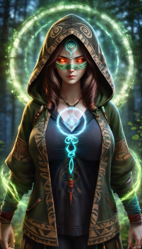 A ghostly female silhouette. Messenger of Nature God. Exiled shaman. integral mask.dark canvas toge. large breasts,V-neck,Canvas hood. Runic circle. Elements. Power from inside. Glowing eyes. Bokeh blur. photorealistic,