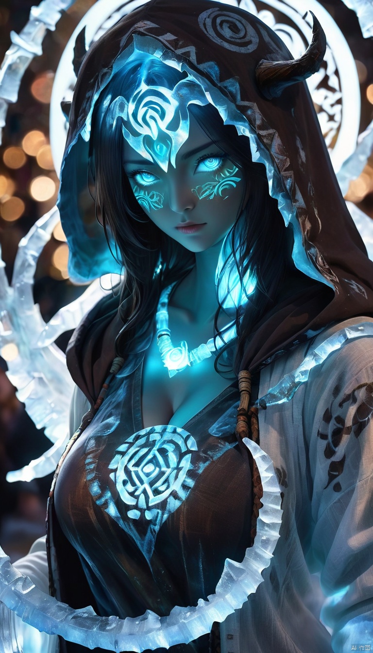 A ghostly female silhouette. Messenger of Nature God. Exiled shaman. integral mask.dark canvas toge. large breasts,V-neck,see-through,Canvas hood. Runic circle. Elements. Power from inside. Glowing eyes. Bokeh blur. photorealistic, bailing_ice_sculpture
