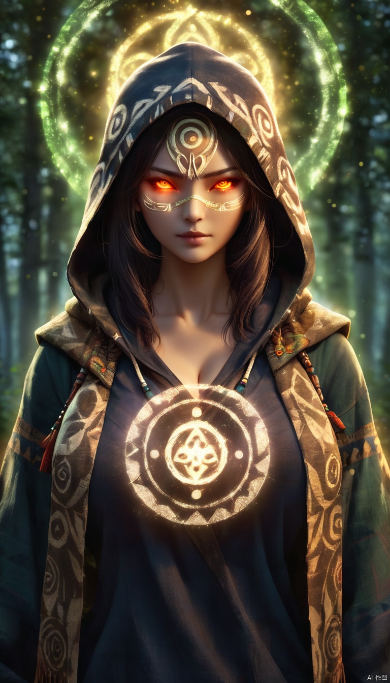 A ghostly female silhouette. Messenger of Nature God. Exiled shaman. integral mask.dark canvas toge. large breasts,V-neck,Canvas hood. Runic circle. Elements. Power from inside. Glowing eyes. Bokeh blur. photorealistic,