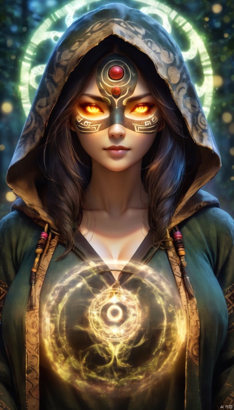 A ghostly female silhouette. Messenger of Nature God. Exiled shaman. integral mask.dark canvas toge. large breasts,V-neck,see-through,Canvas hood. Runic circle. Elements. Power from inside. Glowing eyes. Bokeh blur. photorealistic,