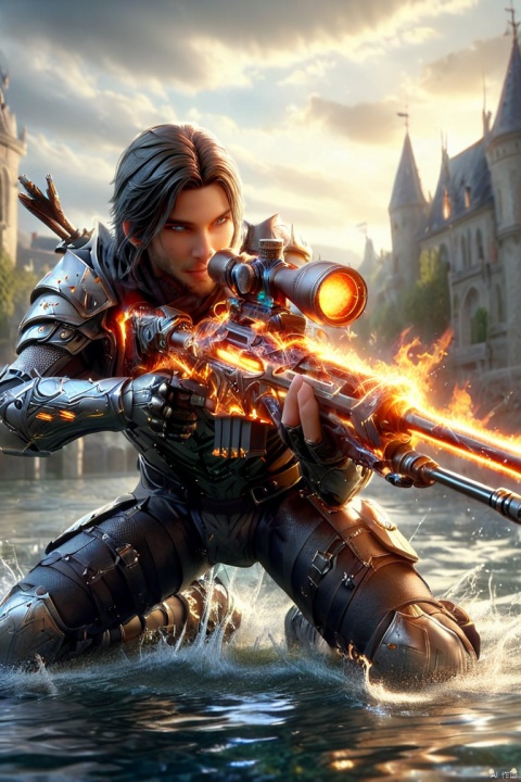  an realistic image of a male fantasy game , wielding glowing Sniper Rifle made of fire, aiming at the camera, wearing armor, water allay in background, digital art, HD, masterpiece, best quality, hyper detailed, ultra detailed, an image of a fantasy game male knight, solo male,,(full body:1.3),,cross-laced clothes,bare shoulders,standing, (masterpiece, best quality, hires, high resolution:1.2), (extremely detailed, realistic, intricate details, highres), 3d, cg, , shiny skin, (laughing:1.4), (cinematic lighting, sunlight, volumetric), ,