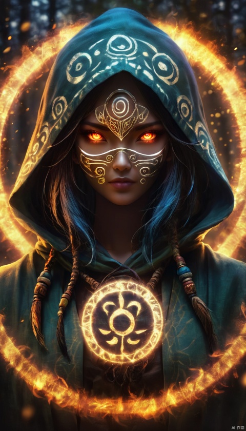 A ghostly female silhouette. Messenger of Nature God. Exiled shaman. integral mask.dark canvas toge. Canvas hood. Runic circle. Elements. Power from inside. Glowing eyes. Bokeh blur. photorealistic,