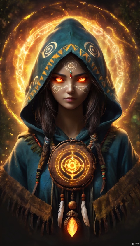 A ghostly female silhouette. Messenger of Nature God. Exiled shaman. integral mask.dark canvas toge. Canvas hood. Runic circle. Elements. Power from inside. Glowing eyes. Bokeh blur. photorealistic,