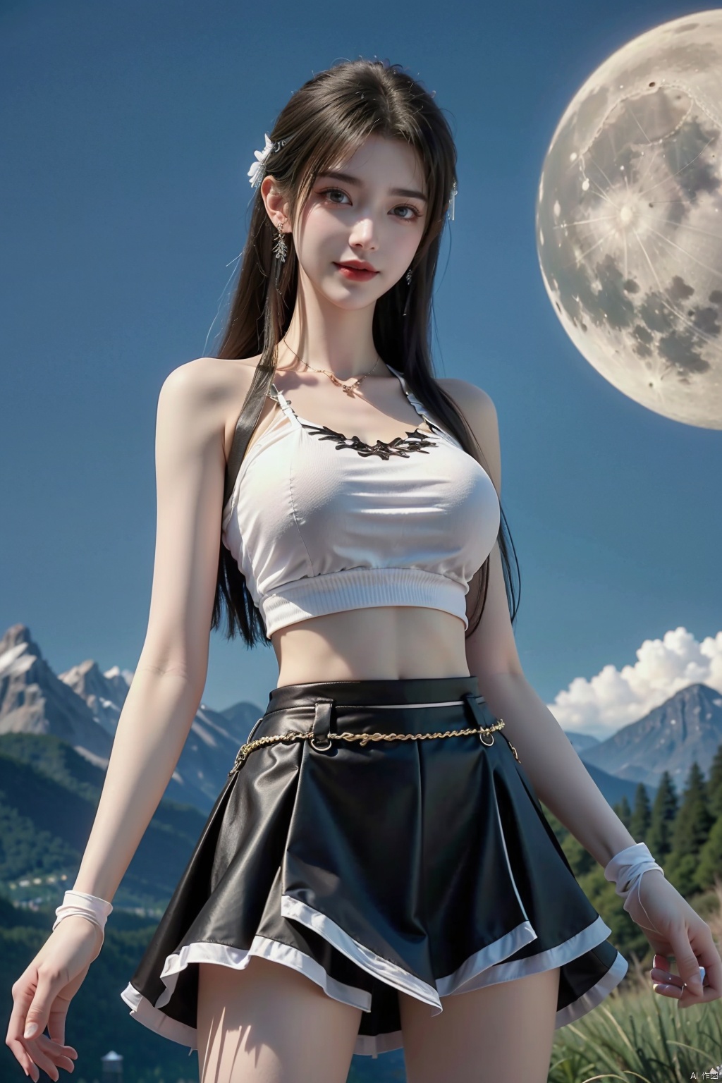 1girl, bare_shoulders, black_hair, black_skirt, breasts, crop_top, earrings, elbow_gloves, fingerless_gloves, full_moon, gloves, jewelry, large_breasts, long_hair, looking_at_viewer, midriff, miniskirt, moon, navel, skirt, smile, solo, suspender_skirt, suspenders, ****_top, taut_clothes, taut_shirt, tifa_lockhart