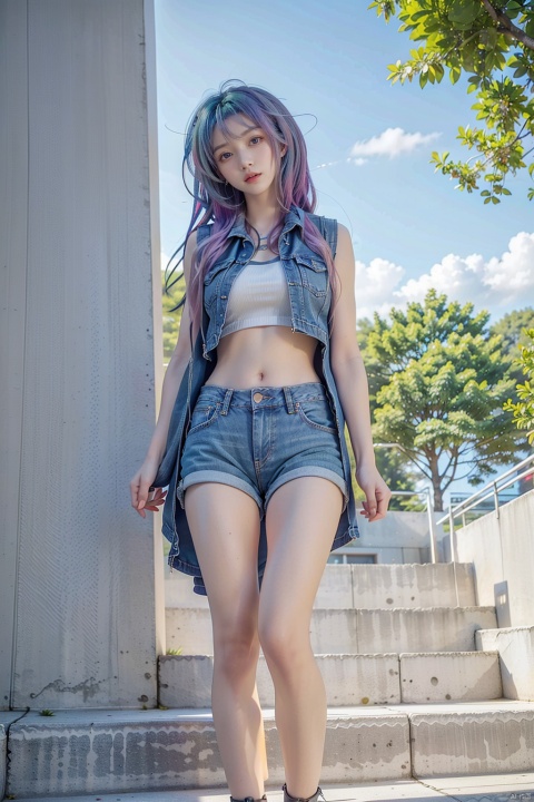 1 girl, (sexy fishnets) , barefoot, (((rainbow hair)) , (jeans shorts) , breasts, (white vest) , long legs, sitting on the steps, outdoor, Blue Sky, sun, head tilted, lips, midchest, abdomen, navel, shadow, shorts, single, standing, vest, against the wall, (hands in pockets) , backstroke