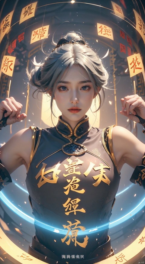  (low-angle, ultra-wide) , a woman in Mech, armor, action figure, delicate eyebrows, beautiful features, (upper body close-up: 1.2) , (pubic hair: 1.3) , sparkling runes, (rotating long volume: 1.2) , (floating transparent Chinese characters) , motion, Best Picture Quality, 3D rendering, looking up, wide angle, Fisheye, lens focus, super realistic and detail, high detail texture, super high quality, 16K, Dauphin, flow scrolls,