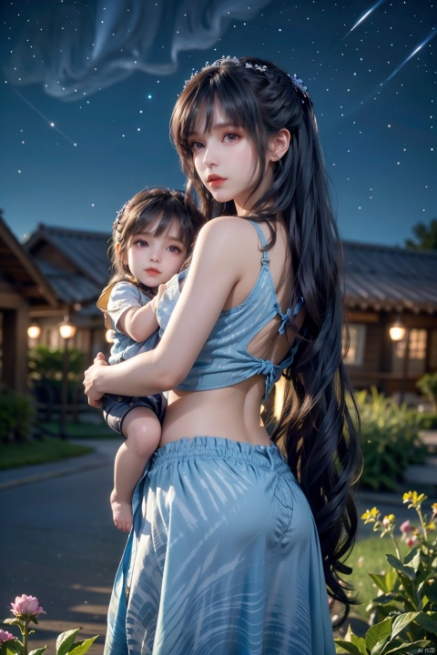 A tender moment unfolds on the back of a woman and child, nestled within a whimsical dreamscape. The starry night sky is transformed into a warm, blue-hued canvas, with swirling clouds of tie-dye patterns. The woman's long hair flows like the cosmos, as she gazes lovingly at her child. The kid's small hands grasp hers, symbolizing the path to dreams. In the distance, a winding road stretches out, beckoning them towards a radiant future. This 8K wallpaper masterpiece is an extraordinary blend of abstract and realistic elements, featuring finely detailed textures and vibrant colors that seem to pulse with life.