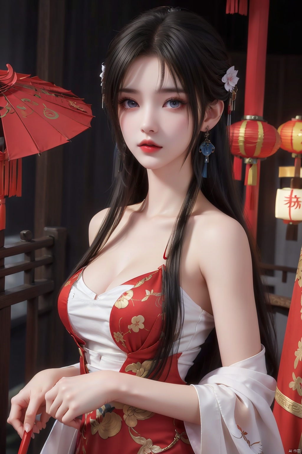 1girl, bare_shoulders, black_hair, blue_eyes, chinese_clothes, chinese_new_year, curtains, dress, earrings, jewelry, lantern, lips, long_hair, looking_at_viewer, oil-paper_umbrella, paper_lantern, red_background, red_dress, red_theme, red_umbrella, solo