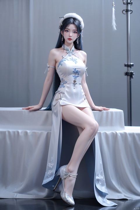 One girl, bare shoulders, blue eyes, blue hair, breasts, white floral cheongsam, fur hat, high heels, long hair, look at the audience, medium breasts, realism, sit, solo, white dress, white shoes, sit, snow,