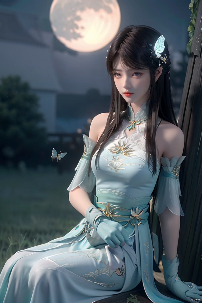 1girl, bare_shoulders, bird, blue_eyes, breasts, bug, butterfly, cloud, full_moon, hair_ornament, long_hair, looking_at_viewer, medium_breasts, moon, moonlight, night, night_sky, sitting, sky, solo, star_\(sky\), starry_sky, white_butterfly