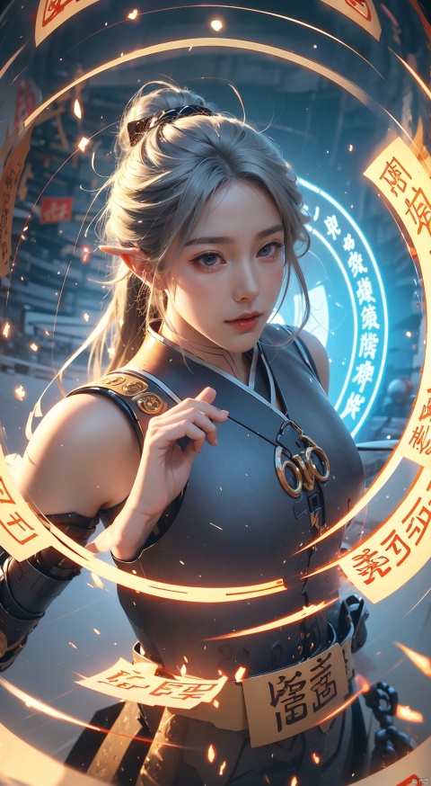  (low-angle, ultra-wide) , a woman in Mech, armor, action figure, delicate eyebrows, beautiful features, (upper body close-up: 1.2) , (pubic hair: 1.3) , sparkling runes, (rotating long volume: 1.2) , (floating transparent Chinese characters) , motion, Best Picture Quality, 3D rendering, looking up, wide angle, Fisheye, lens focus, super realistic and detail, high detail texture, super high quality, 16K, Dauphin, flow scrolls,