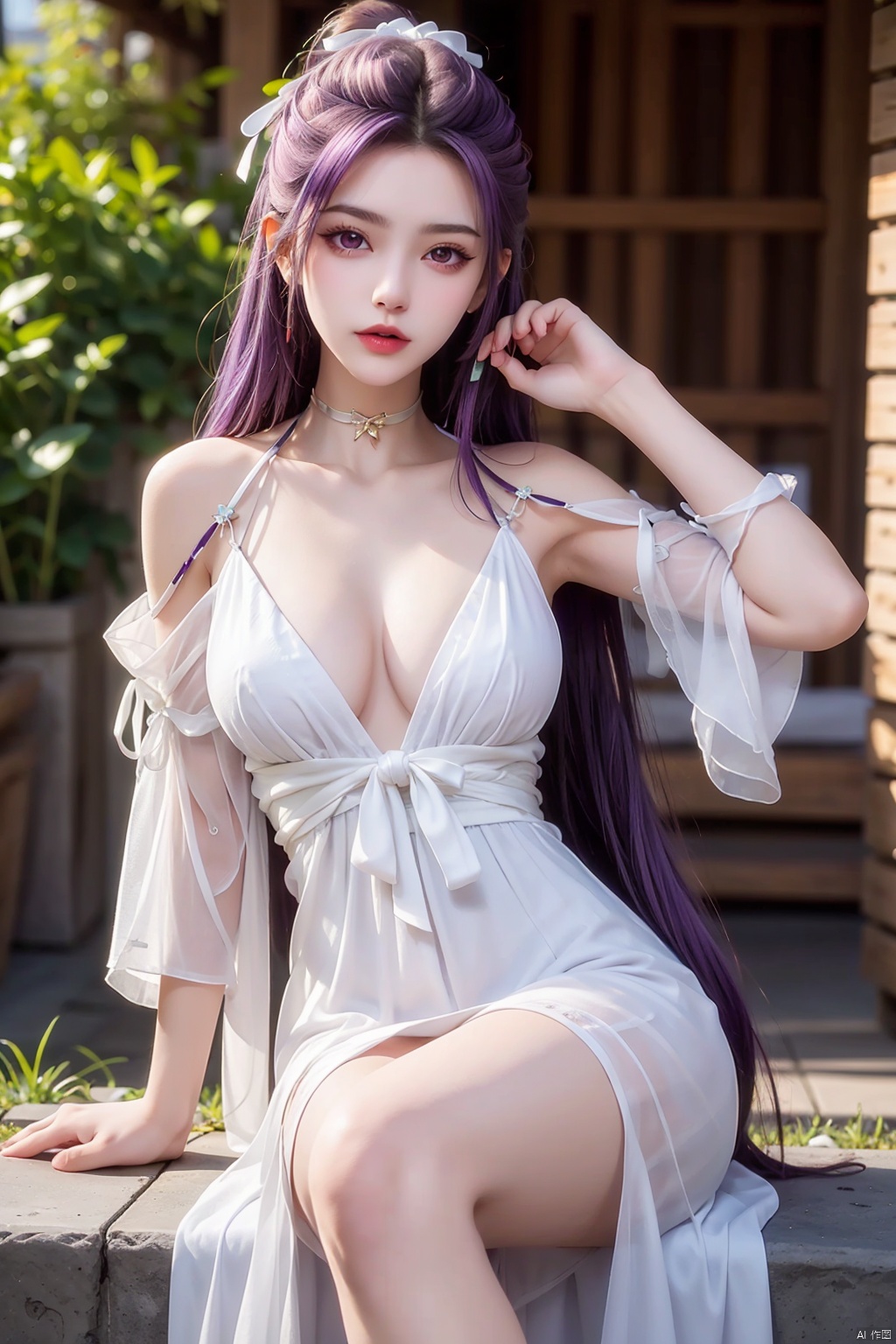  1girl, breasts, collarbone, dress, hair_ornament, holding_clothes, lips, lipstick, long_hair, looking_at_viewer, makeup, medium_breasts, outdoors, purple_eyes, purple_hair, see-through, see-through_silhouette, solo,  white_dress, white_ribbon，sitting