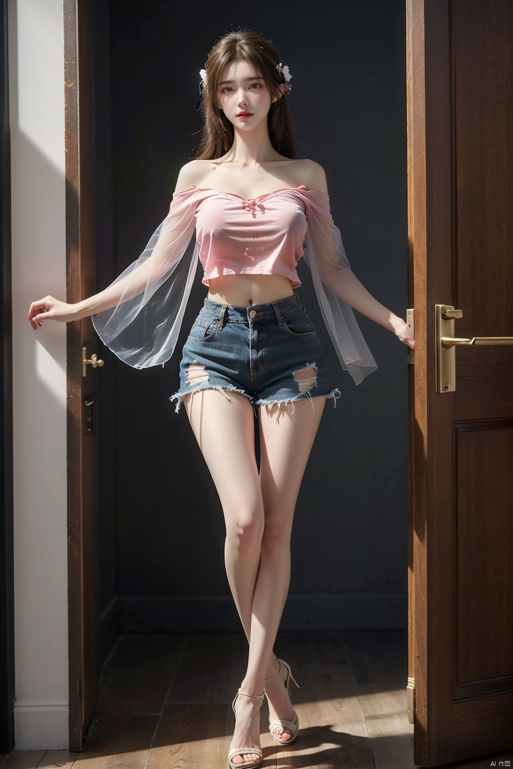  A girl, long hair, wearing a waist to waist T-shirt, off-the-shoulder T-shirt, short shorts, shorts are blocked by the T-shirt, room interior background, crotch dance, sexy, seductive art, real scene, bare legs, ripped T-shirt, wearing transparent high heels on the foot, long legs, big breasts, white skin, standing in the doorway dancing, one hand on the door frame, swinging hair, muscular, Pear-shaped, tall female, full detail, add detail, add background,