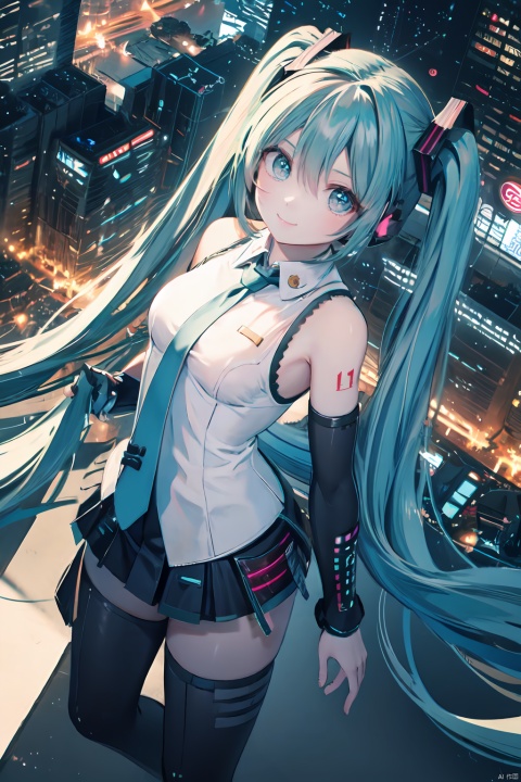  1girl,solo,25_ji miku,silver hair,uneven twintails,heterochromatic pupils,looking at viewer,light smile,{{artist:wlop}}, [artist:as109],[[artist:ningen_mame]],artist:miyase_mahiro,[[[artist:sho_(sho_lwlw)]]],[[[artist:ciloranko]]],[[[artist:Cogecha]]], {{artist:chichi}}, 
best quality, amazing quality, very aesthetic, absurdres, masterpiece,highres,handsome style, Keywords night, overlooking the city, sense of science and technology, sense of the future,starry sky，moonlight and starlight,at the top of the city,whole body(Expose the lower body),back to back,mikudef,Back Shadow,smile,horizon,cyberpunk,earphone,standing on the roof,from above,wide angle
