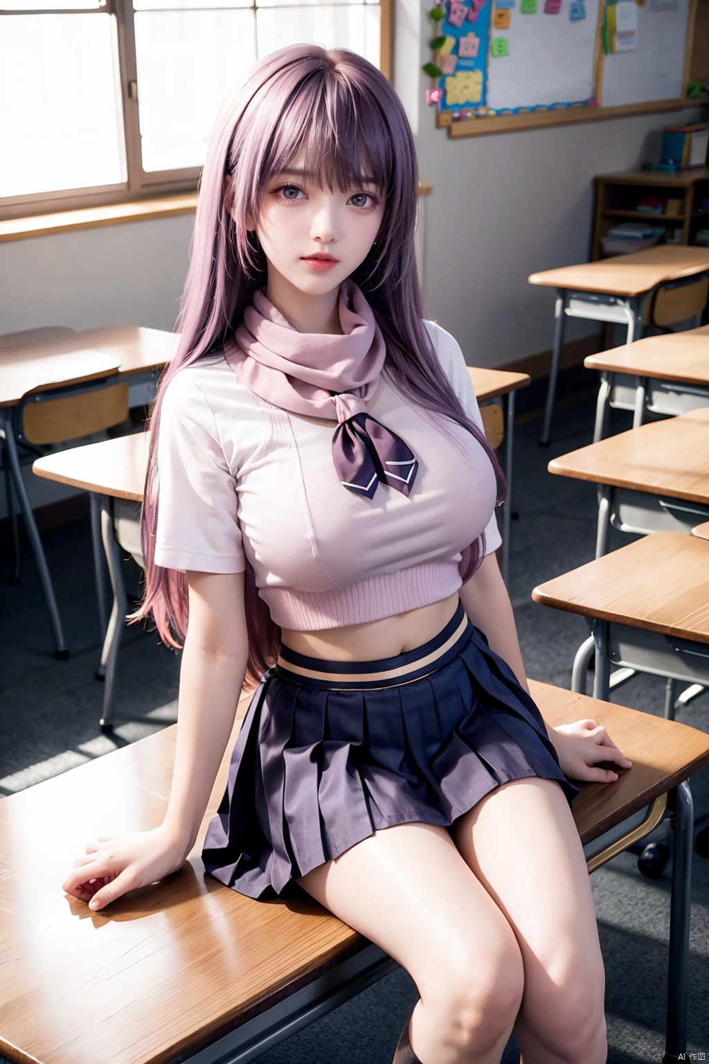  1 girl, classroom, full body, Big Boobs, indoors, long hair, look at audience, navel, scarf, pink hair, pink scarf, pleated skirt, sailor collar, school uniform, Serafuku, shirt, shoes, short sleeve, skirt, independent, sitting on the desk, white leg suit, white skirt