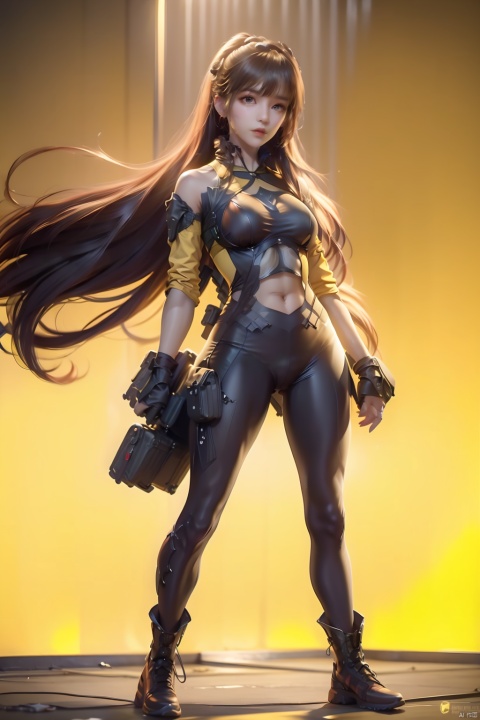  1girl,Future style gel coat,Future Combat Suit,black hair,breasts,cyberpunk,full body,gun,Yellow and black gel coats,Exposing the navel,Weapons on the side of the arm,Character design hologram,jacket,long hair,open clothes,realistic,science fiction,solo,standing,Holographic background