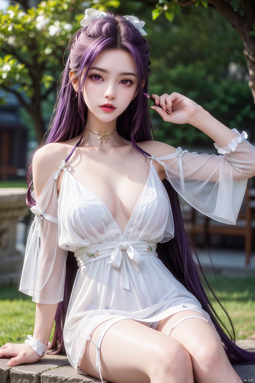  1girl, breasts, collarbone, dress, hair_ornament, holding_clothes, lips, lipstick, long_hair, looking_at_viewer, makeup, medium_breasts, outdoors, purple_eyes, purple_hair, see-through, see-through_silhouette, solo,  white_dress, white_ribbon，sitting