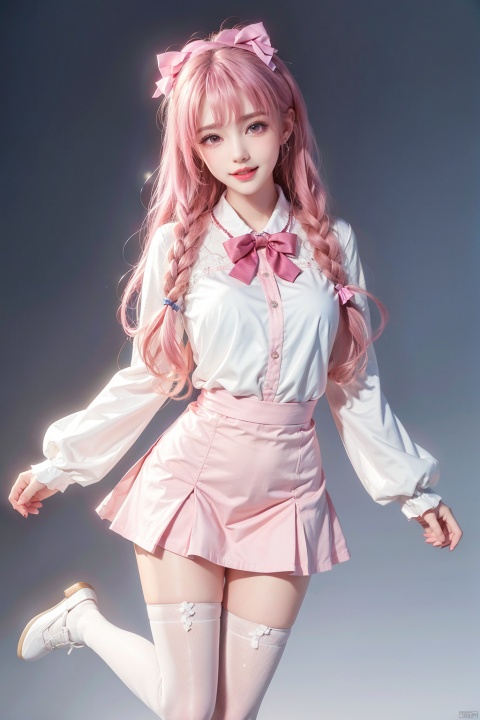  1 girl, Bangs, blush, bow tie, braids, breasts, skirt, earrings, eyebrows visible through hair, body, gradient, gradient background, jewelry, long hair, long sleeves, looking at audience, medium chest, open mouth, pink Bow, pink hair, fluffy long sleeves, fluffy sleeves, shirt, shoes, skirt, smile, stand up, thighs, very long hair, white shoes, white long legs, Zettai Ryouiki