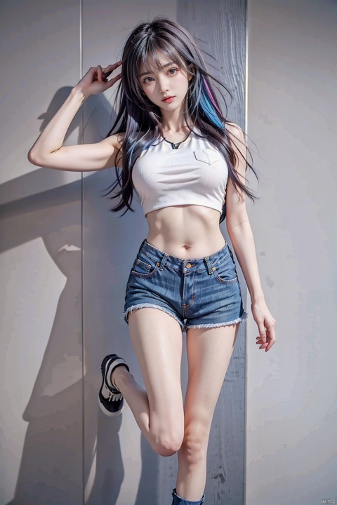 1 girl, (net socks) , barefoot, rainbow hair, (jeans shorts) , breasts, (white vest) , long legs, one leg up, standing on one leg, head tilted, lips, midchest, abdomen, navel, shadow, shorts, single, standing, vest, against the wall, (hands in pockets) , close up,