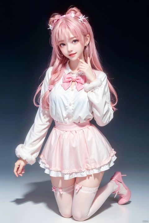  1 girl, Bangs, blush, bow tie, braids, breasts, skirt, earrings, eyebrows visible through hair, body, gradient, gradient background, jewelry, long hair, long sleeves, looking at audience, medium chest, open mouth, pink Bow, pink hair, fluffy long sleeves, fluffy sleeves, shirt, shoes, skirt, smile, stand up, thighs, very long hair, white shoes, white long legs, Zettai Ryouiki，kneel