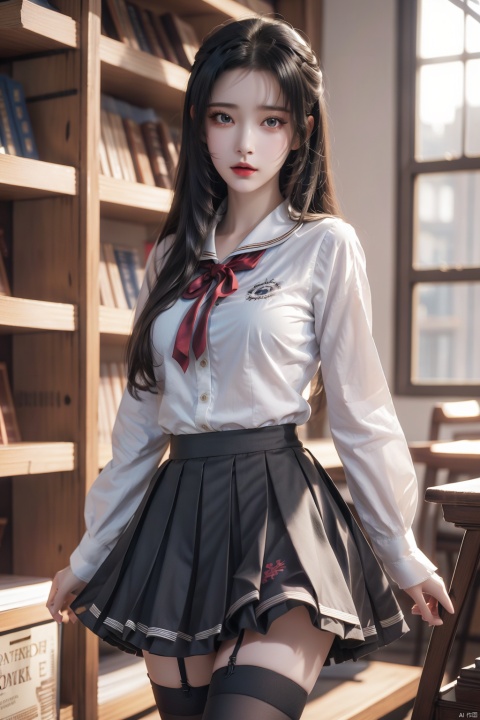 1girl, 3d, black_hair, black_legwear, blue_skirt, blurry, blurry_background, blurry_foreground, bookshelf, breasts, brown_eyes, cosplay_photo, cowboy_shot, depth_of_field, lace, lace_trim, library, lips, long_hair, long_sleeves, looking_at_viewer, motion_blur, photo_\(medium\), photo_background, photorealistic, pleated_skirt, realistic, ribbon, sailor_collar, school_uniform, serafuku, skirt, solo, standing, thighhighs, zettai_ryouiki