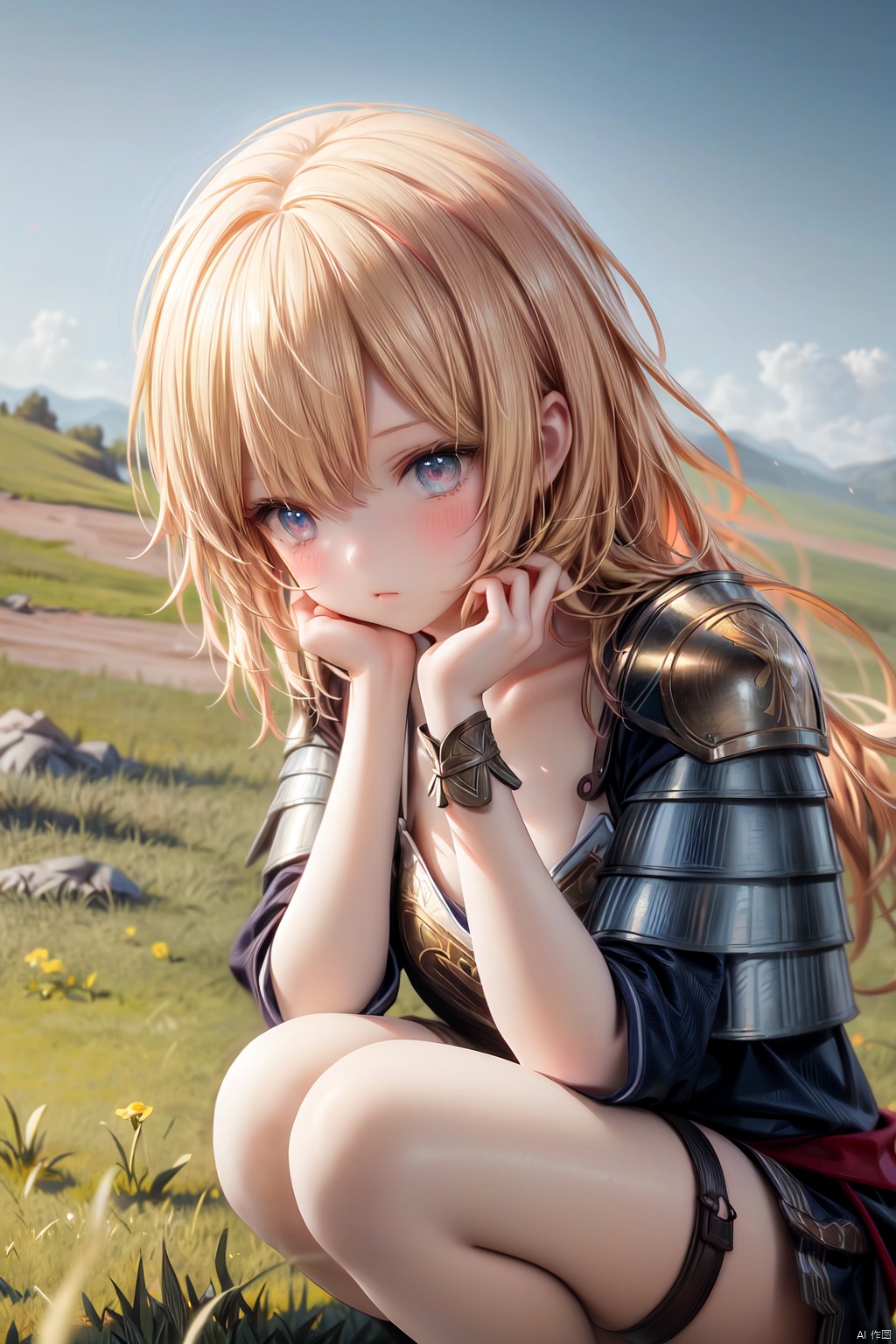  (masterpiece), (extremely intricate), the most beautiful artwork in the world, professional digital art by Ed Blinkey and Atey Ghailan and Jeremy Mann and Greg Rutkowski, Medium shot of a small girl in armor, symmetrical eyes, perfect elegant face, perfect eyes, blonde, grass plain background,arm support, leaning forward, squatting, crouch,missionary,