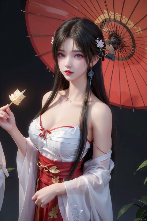  1girl, bare_shoulders, black_hair, blue_eyes, chinese_clothes, chinese_new_year, curtains, dress, earrings, jewelry, lantern, lips, long_hair, looking_at_viewer, oil-paper_umbrella, paper_lantern, red_background, red_dress, red_theme, red_umbrella, solo