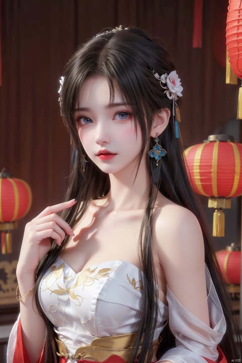  1girl, bare_shoulders, black_hair, blue_eyes, chinese_clothes, chinese_new_year, curtains, dress, earrings, jewelry, lantern, lips, long_hair, looking_at_viewer, oil-paper_umbrella, paper_lantern, red_background, red_dress, red_theme, solo