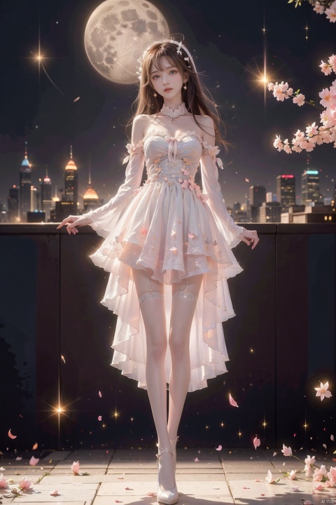  1 girl, Aurora, Bangs, bare shoulders, black shoes, white stockings, blue eyes, boots, bow, chest, (gradual change) , cherry blossoms, City Lights, shut up, clouds, sleeves, clothes, falling flowers, flowers, full moon, (white top hat) , bow, knees, long hair, long sleeves, looking at audience, medium chest, galaxy, Moon, night sky, outdoors, petals, pink flowers, pink roses, railings, roses, rose petals, Meteor, sky, Solo, space, standing, Star (Sky) , star, star print, thigh, long hair, white skirt, white flower, white headdress, blackpantyhose, yifu, hand101, dress, miniJK, xuancaiqun, ((poakl))