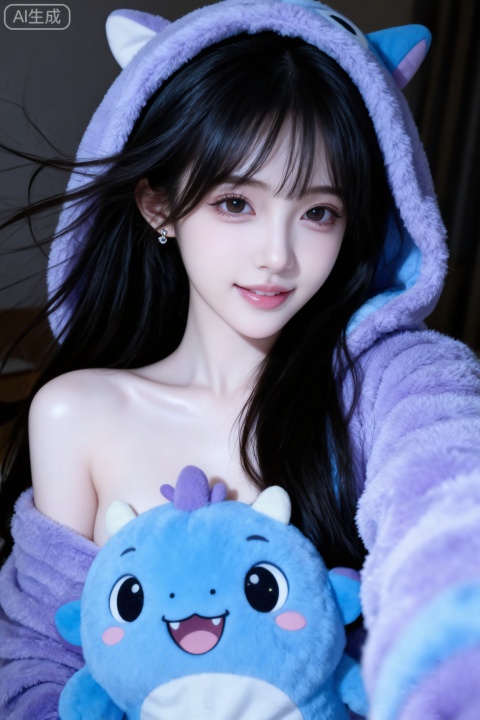 杰作级画质,顶级图像精度,超高清细节渲染,单人女性角色,（乌黑亮丽的长发：1.4）,（比例优越的纤细长腿：1.3）,（肌肤白皙光滑的匀称美腿：1.4）,（挺拔饱满的D 罩杯曲线：1.4）,（精致立体的美颜五官：1.4）,黄金比例惹火身段,体态窈窕挺拔,气质明艳动人,长相精致,皮肤瓷白、细腻、透亮泛着莹润光泽,一个女孩,
（电影级面光：1.6）,（光线追踪：1.5）,（冷白皮漫感质感的光滑皮肤：1.7）,（人物有最好的骨相：1.2）,（网感脸：1.6）,身材完美,莫兰迪配色,高颜值网红,INS风,幼态脸,19岁女生尖下巴,三庭五眼比例均衡,身材娇小,细腻陶瓷水嫩肌肤,偏冷白皮,随机的妆容,随机的饰品,随机的动作,侧光,发丝轻飘,凌乱,随机角度拍摄,总体有很多的不确定性,但又好看,
风格甜美少女系,氛围慵懒俏皮,东方美女年轻娇小,冷白皮气质美女,薇薇纯欲风,皮肤白皙,偶像气质,fairskin,气质的江南美女子,有点甜美,皮肤美白透亮,表情可爱,甜美氛围,细腻笔触,独特韵味的美,可爱表情,正面照,人物上半身特写,身穿绒连体衣：一只蓝紫色小怪兽睡衣,最高等级画质,I室内背景