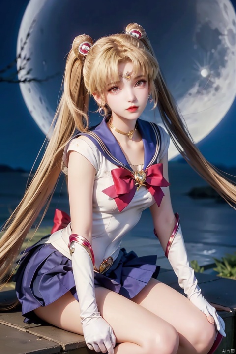Top Quality, 1 girl, Sailor Moon, blonde hair, blue collar, boots, bow, castle, collar, city, crescent, Crescent, bun, earring, gloves, facial markings, flowers, full moon, gloves, jewelry, boots, layered skirt, lilies, lipstick, long hair, magic girl, cosmetics, Moon, night, Sailor Collar, Sailor Moon, sailor uniform, skirt, sky, solo, Star, Sky, Moon, pigtail, white shoes, white gloves, close up