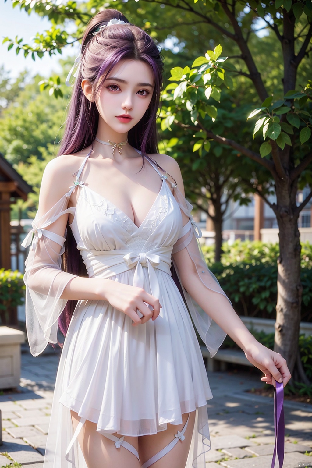  1girl, breasts, collarbone, dress, hair_ornament, holding_clothes, lips, lipstick, long_hair, looking_at_viewer, makeup, medium_breasts, outdoors, purple_eyes, purple_hair, see-through, see-through_silhouette, solo, standing, white_dress, white_ribbon