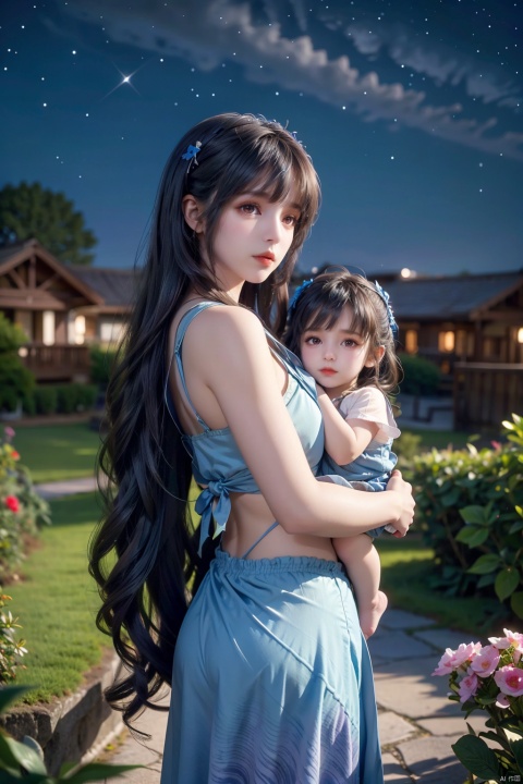 A tender moment unfolds on the back of a woman and child, nestled within a whimsical dreamscape. The starry night sky is transformed into a warm, blue-hued canvas, with swirling clouds of tie-dye patterns. The woman's long hair flows like the cosmos, as she gazes lovingly at her child. The kid's small hands grasp hers, symbolizing the path to dreams. In the distance, a winding road stretches out, beckoning them towards a radiant future. This 8K wallpaper masterpiece is an extraordinary blend of abstract and realistic elements, featuring finely detailed textures and vibrant colors that seem to pulse with life.