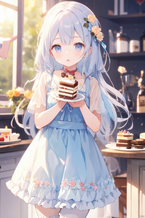  1girl, bloomers, blue_rose, blurry, blurry_background, blurry_foreground, cake, candy, checkerboard_cookie, coin, cookie, cup, depth_of_field, dress, eyebrows_visible_through_hair, flower,