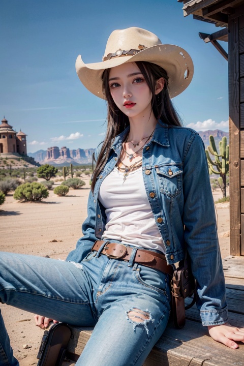  A girl, belt, American Western architecture, Cowboy Hat, cowboy west, day, Denim, desert, dirty, hat, jacket,jeans, long hair, outdoors, pants, sky, solo, torn clothes, torn jeans, torn trousers, pistols at the waist, holsters, wangyushan，sitting