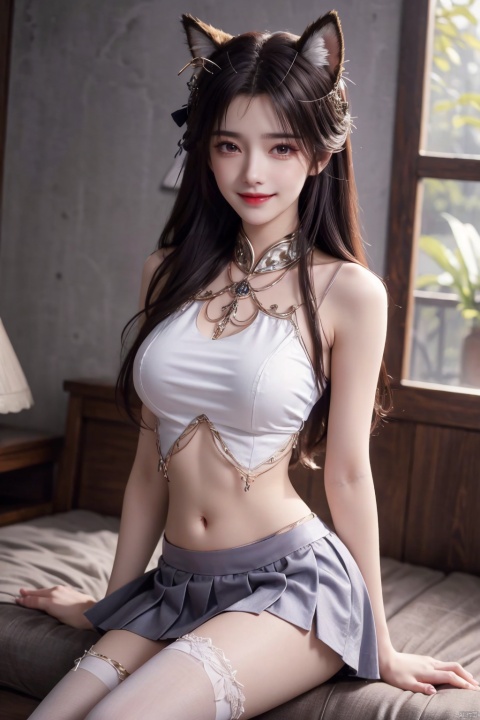 best quality, masterpiece, realistic,cowboy_shot,(Good structure), DSLR Quality,Depth of field,kind smile,looking_at_viewer,Dynamic pose, 
1girl, solo, large breasts, looking at viewer, blush,  ,  skirt, brown hair, shirt, thighhighs, navel, holding, animal ears, bare shoulders, underwear, standing, panties, tail, yellow eyes, white shirt, thighs, cowboy shot, pleated skirt,,, sleeveless, midriff, black thighhighs, indoors, miniskirt, stomach, white panties, grin, crop top, animal ear fluff, bare arms, fox ears, sleeveless shirt, fox tail, halo, pantyshot, white skirt, fox girl, brown thighhighs, cheerleader, pom pom \(cheerleading\), crop top overhang, holding pom poms,  sitting