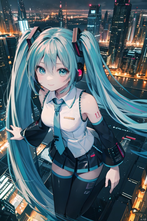  1girl,solo,25_ji miku,silver hair,uneven twintails,heterochromatic pupils,looking at viewer,light smile,{{artist:wlop}}, [artist:as109],[[artist:ningen_mame]],artist:miyase_mahiro,[[[artist:sho_(sho_lwlw)]]],[[[artist:ciloranko]]],[[[artist:Cogecha]]], {{artist:chichi}}, 
best quality, amazing quality, very aesthetic, absurdres, masterpiece,highres,handsome style, Keywords night, overlooking the city, sense of science and technology, sense of the future,starry sky，moonlight and starlight,at the top of the city,whole body(Expose the lower body),back to back,mikudef,Back Shadow,smile,horizon,cyberpunk,earphone,standing on the roof,from above,wide angle