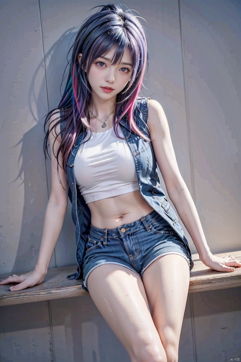 1 girl, (sexy fishnets) , barefoot, (((rainbow hair)) , (jeans shorts) , breasts, (white vest) , long legs, sitting on the steps, outdoor, Blue Sky, sun, head tilted, lips, midchest, abdomen, navel, shadow, shorts, single, standing, vest, against the wall, (hands in pockets) , backstroke