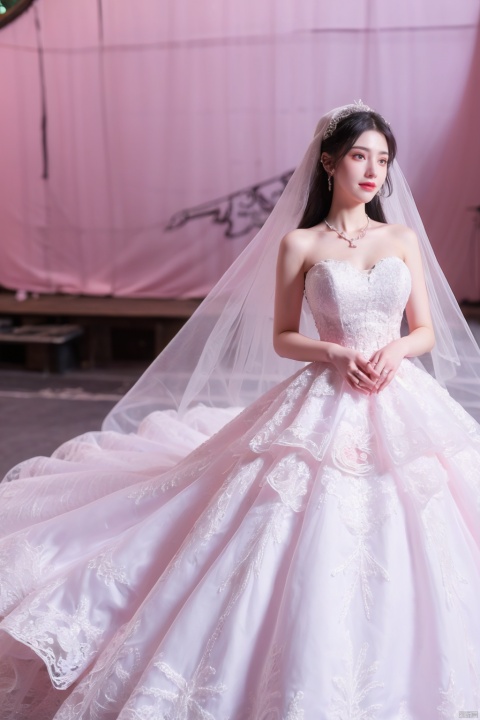  (beautiful, best quality, high quality, masterpiece:1.3)
,solo, solo focus,
huge breasts,Oval face, Water snake waist, big tits,big eye,
(pink lace wedding dress:1.49), veil, wedding gloves, holding flowers,Crystal Earring, Crystal Necklace,
18yo girl, 1girl,white_dress