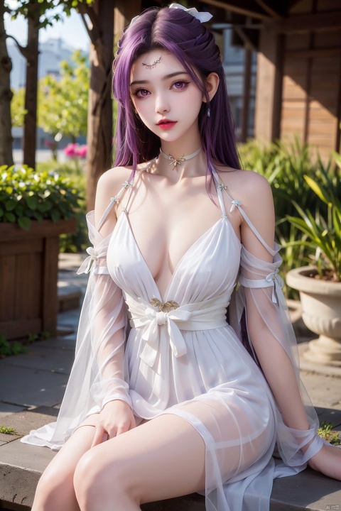  1girl, breasts, collarbone, dress, hair_ornament, holding_clothes, lips, lipstick, long_hair, looking_at_viewer, makeup, medium_breasts, outdoors, purple_eyes, purple_hair, see-through, see-through_silhouette, solo,  white_dress, white_ribbon，sitting