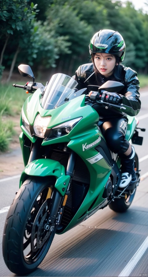  (Masterpiece, realistic, random quality),Korean girl,(driving a | Kawasaki motorcycle), raging, high speed, motion blur, relatively still, f/16, 1girl, takei film