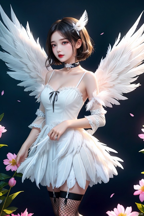 1girl, angel, angel_wings, breasts, choker, detached_sleeves, dress, feathered_wings, feathers, fishnet_legwear, fishnets, flower, hair_ornament, multiple_wings, short_hair, single_wing, solo, spread_wings, thighhighs, white_feathers, white_wings, wings