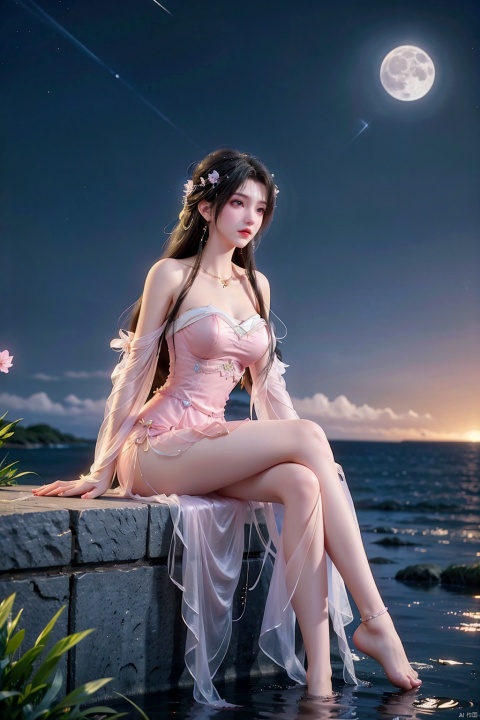 Girl, bare legs, black hair, flying hair, tulle shawls, flying clothes, streamers, breasts, (((light pink strapless tulle dress))) , crossed legs, clothes, earth (planet) , Meteor, (colorful Sky) , (beautiful night sky) , flowers, (full moon) , lake, lips, long hair, (Moon) , night, ocean, petals, planet, coast, sitting, soaking feet, solo, very long hair, water, (close shot) 