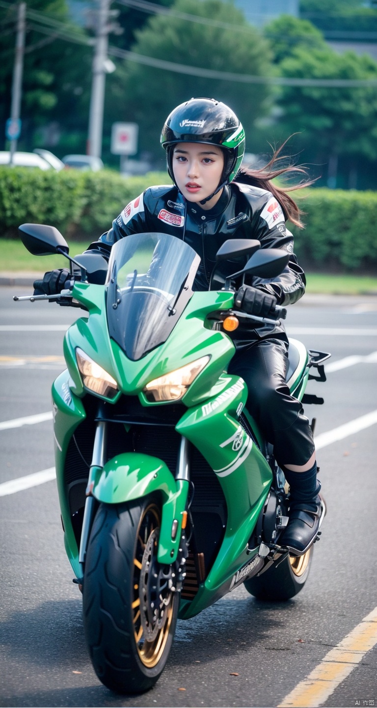  (Masterpiece, realistic, random quality),Korean girl,(driving a | Kawasaki motorcycle), raging, high speed, motion blur, relatively still, f/16, 1girl, takei film