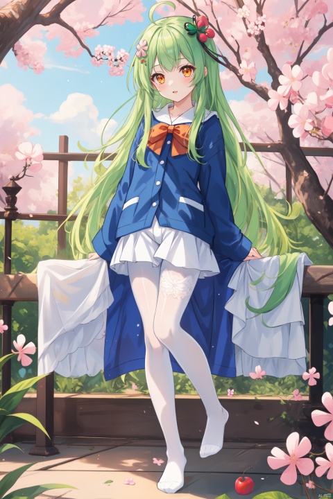  1girl,mint hair,orange eyes,clover hair ornament,long hair,disheveled hair,messy hair,plum blossoms,blue pajamas,branch,dragonfly,full body,mismatched legwear, white legwear, black legwear,pantyhose, xinniang, backlight, black pantyhose, white pantyhose, vibrantProj