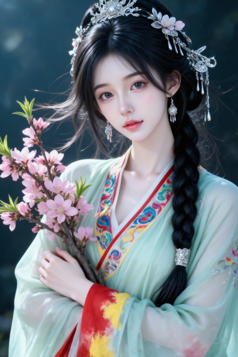 杰作级画质,顶级图像精度,超高清细节渲染,单人女性角色,（黑色长发：1.4）,（比例优越的纤细长腿：1.3）,（肌肤白皙光滑的匀称美腿：1.4）,（挺拔饱满的D 罩杯曲线：1.4）,（精致立体的美颜五官：1.4）,美颜全开,光滑油亮的皮肤,水嫩的肌肤,,,一个女孩,
真人写真,长相精致,皮肤瓷白、细腻、透亮泛着莹润光泽的年轻漂亮的女孩,脸部写实,高饱和度,身穿浅绿色轻纱,奢华、精致刺绣,古代服饰,汉代半披发发式,配戴精致首饰,光影对比强烈、斑驳,意境深远,全身,背景虚化。胶片摄影,镜头语言,人物是一位身着传统中式服饰的美少女,灵动俏皮,皮肤白皙嫩滑,乌黑长发编成长辫,梳到一侧,发间点缀着银饰与花朵；面部妆容清透,眼神柔和,整体气质温婉。服饰为浅色系的中式衣袍,领口处有彩色纹样装饰,衣袍边缘及部分区域带有红、黄等色彩的晕染,她怀中抱着一束繁茂的粉色桃花枝,花枝自然舒展,与发丝、衣袍相映成趣,朦胧梦幻,高颜值,既视感,情绪氛围感拉满,透视感,暗朦,光朦,胶片颗粒质感,层次丰富,写意,朦胧美学,光的美学,lomo效果,高级感,杰作。

真实摄影,（电影级面光：1.6）,（光线追踪：1.5）,（冷白皮漫感质感的光滑皮肤：1.7）,（人物有最好的骨相：1.2）,（网感脸：1.6）,（网感妆：1.6）身材完美。

尖下巴,三庭五眼比例均衡,细腻陶瓷水嫩肌肤,偏冷白皮,侧光,发丝轻飘,随机角度拍摄。画质清爽通透,色彩饱满。脸部高清,脸部光线,背景高清不虚焦。

东方美女,发丝呈现出自然的蓬松感与垂坠感,冷白皮气质美女,纯欲风,皮肤白皙光滑,红润有光泽,偶像气质,fairskin,气质的江南美女子,皮肤美白透亮,细腻笔触,独特韵味的美